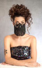 sexy black leather mask with fringe to wear with eyeglasses by Wendy Drolma