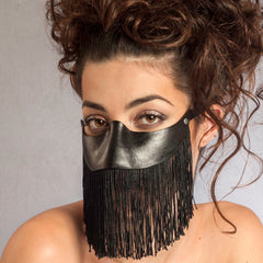 sexy black leather mask with fringe to wear with eyeglasses by Wendy Drolma