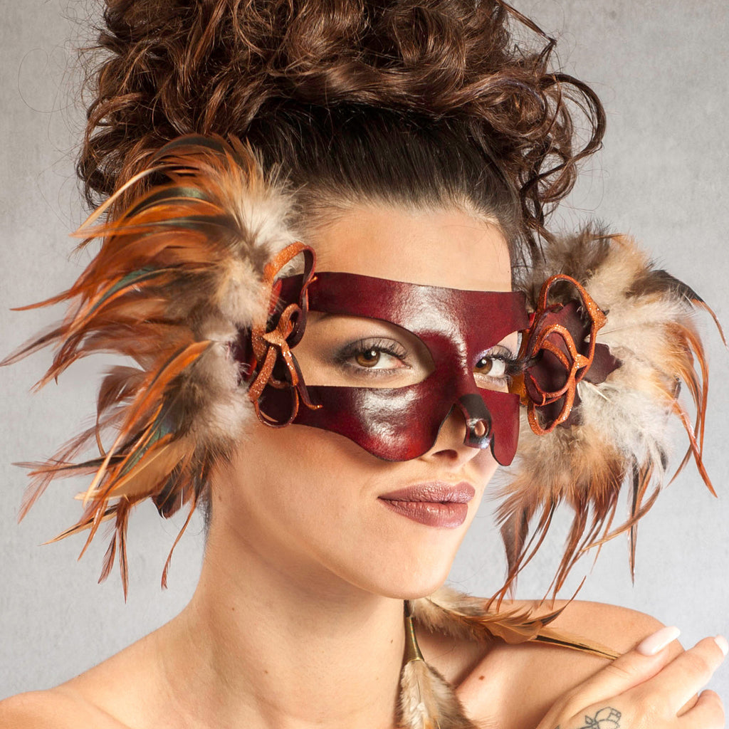 "Puck" Handmade Red Leather Fox Masquerade Mask by Wendy Drolma