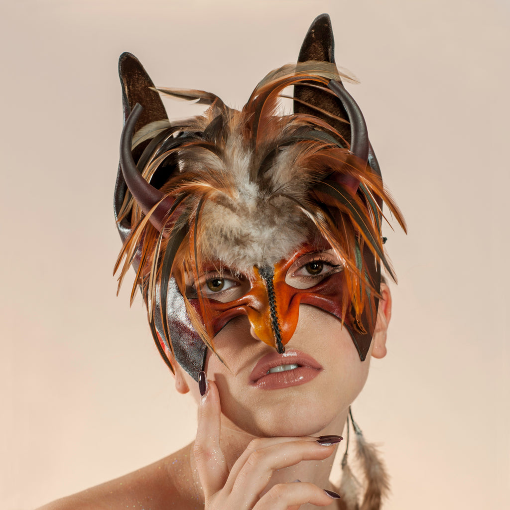 New York maskmaker Wendy Drolma. Gallery for beautiful leather masks and headdresses.